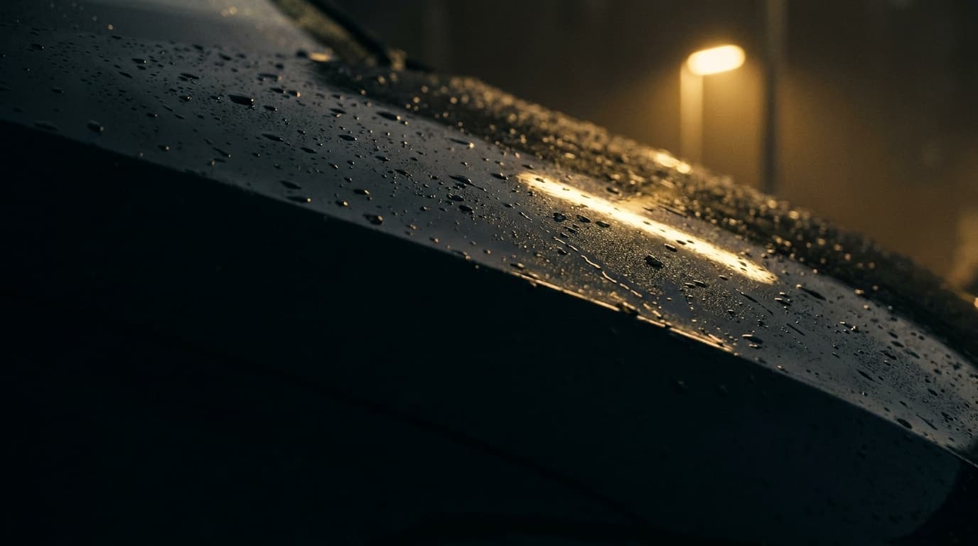 Nasse Karosserie eines VW Touran bei Nacht mit goldenem Lichtreflex