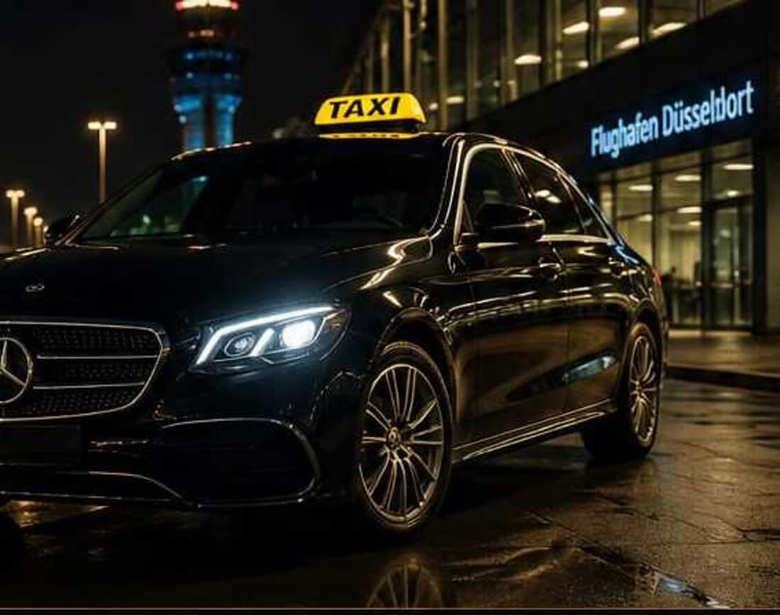 Jaber Taxi bei Nacht am beleuchteten Flughafen